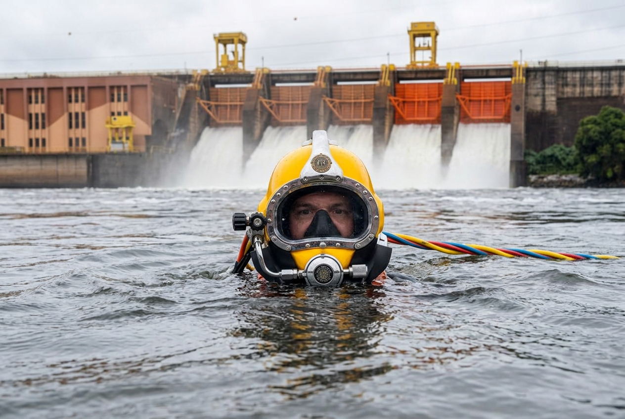 Mergulhador com capacete amarelo na superfície da água diante de uma usina hidrelétrica